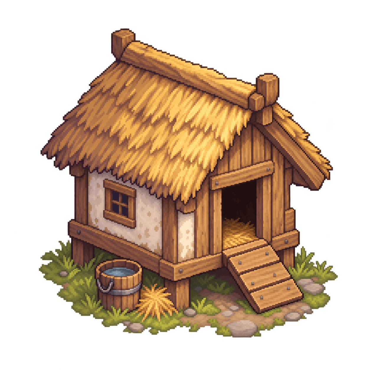 Little coop. A humble timber shelter with a thatched roof.